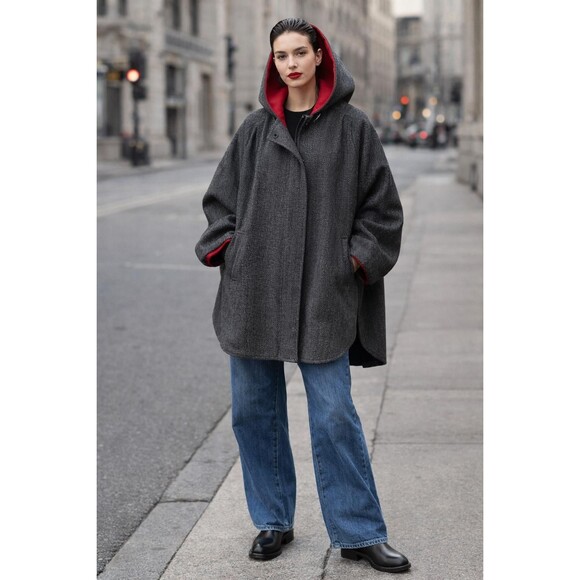 Forecaster of Boston Jackets & Blazers - Vintage 90s Wool Hooded Swing Coat Cocoon Dolman Herringbone Small